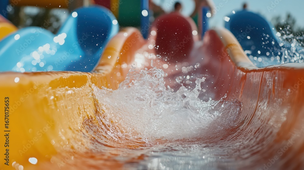 Fototapeta premium View from the bottom of the water slides in the water park. In the foreground is a splash of water in an orange trough, followed by bright red, blue and yellow slides. Summer, movement and fun.
