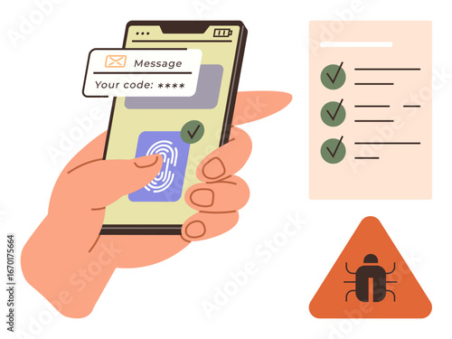 Hand holding phone with fingerprint scan, code message, checklist with ticks, and bug alert sign. Ideal for cybersecurity, authentication, mobile technology, digital privacy, data protection secure