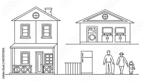 House Exterior and Family Illustration.