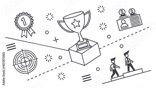 Achievement Success Award Trophy Winner Goal Business Competition Victory Prize First Place Target Progress Career Ambition Leadership Teamwork Strategy Planning Growth Development Line art Icon Grap.