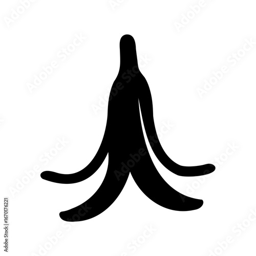 Black silhouette of a discarded banana peel against a white background