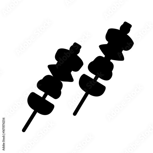 Two black skewers with meat on white background in simple style