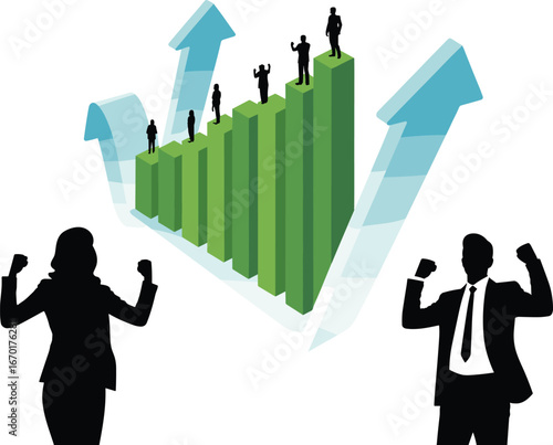 Business growth success chart, teamwork motivation illustration, professional career progress, leadership achievement, employee performance, corporate success, strategy improvement, upward trend