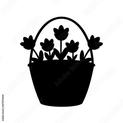 Elegant flower basket silhouette with tulip blooms and simple, refined lines