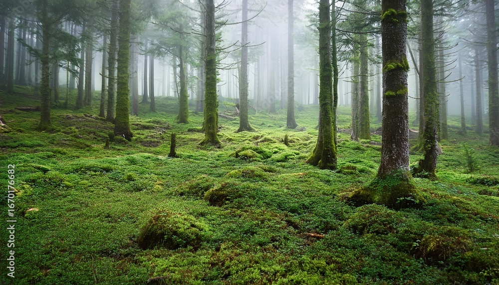 Fototapeta premium forest misty dense evergreen forest mossy ground cover