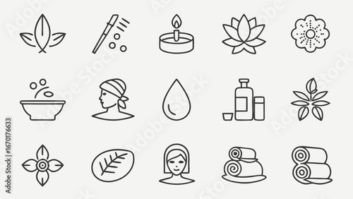 Spa Icons Wellness Symbols Relaxation Graphics Beauty Treatment Alternative Medicine Holistic Healthcare Line Art Vector Illustration Simple Design Minimalist Style Yoga Meditation Aromatherapy Herba.