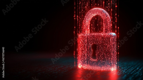 Digital security concept - glowing red padlock symbol with binary code falling on a dark background, representing cybersecurity and data protection