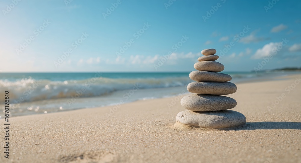 Fototapeta premium Balanced Stones, Serene Beach. A ZenInspired Still Life, Calming Colors, Beach Vibes.