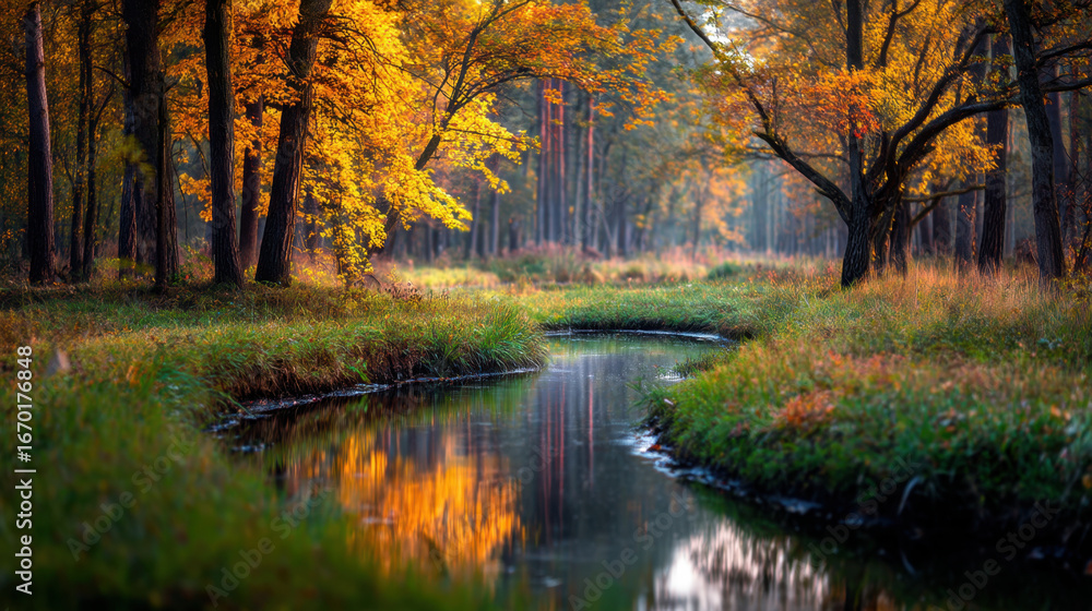 Obraz premium Serene autumn landscape featuring tranquil stream surrounded by vibrant orange and yellow foliage. reflection of trees in water creates picturesque scene, evoking sense of peace and natural beauty