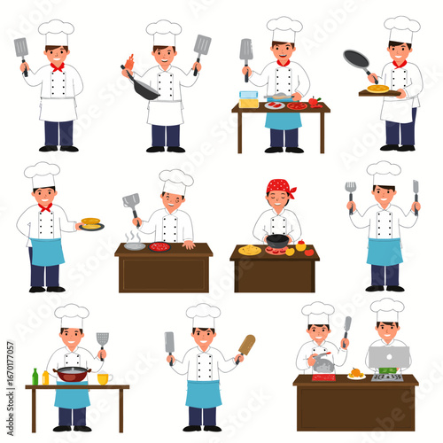 Set of cartoon chefs cooking and preparing food in various kitchen environments img vektor (202)