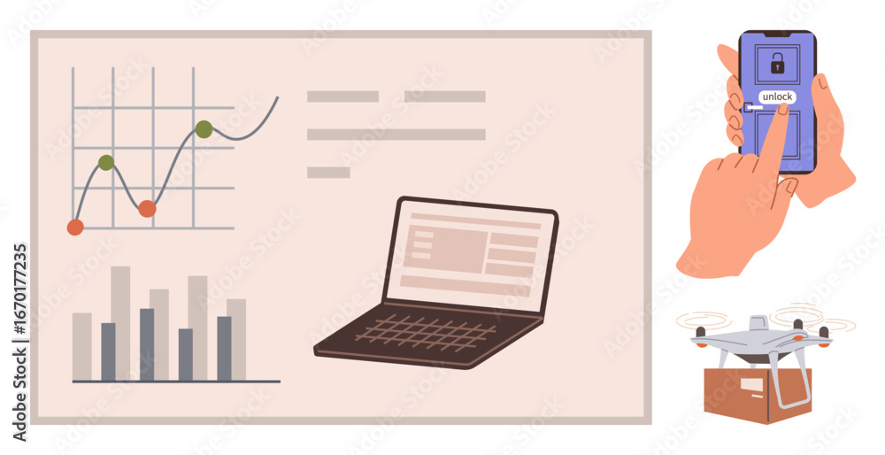 Obraz premium Laptop with charts representing analysis, hands unlocking phone with fingerprint, drone carrying parcel. Ideal for technology, innovation, data, security, logistics, delivery services connected