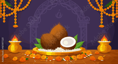 Symbolic illustration of coconut offering with decorative elements for Indian festivals