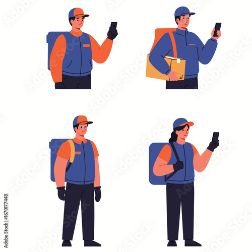 Delivery People Checking Smartphones with Cardboard Box and Backpack - Service and Communication