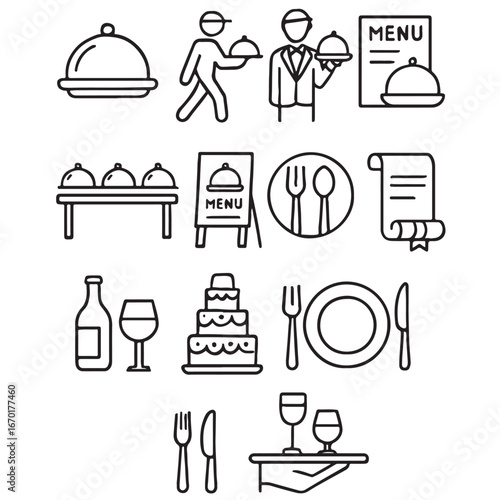 Catering line icon set. Catering service, food, delivery of ready meals, guest service, menu for event, banquet vector