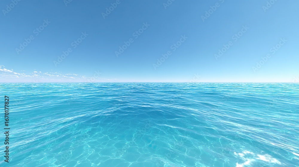Obraz premium A wide-angle shot of blue water under a clear sky, highlighting the vast, calm sea and the unobstructed sky above.