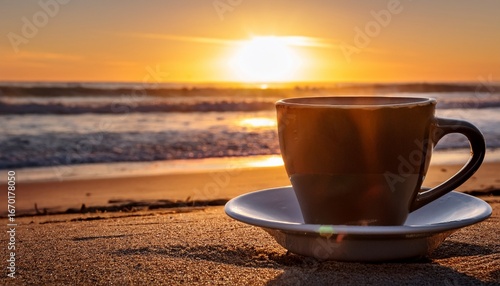 coffee cup on san diego beach at sunset