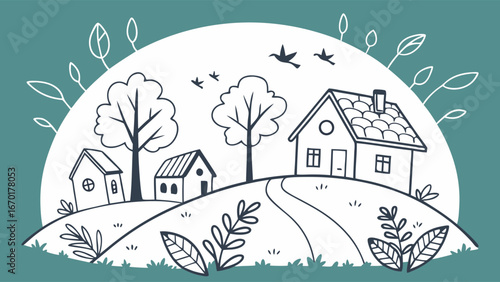 Hand-drawn village scene illustration landscape art with stylized buildings and nature elements.