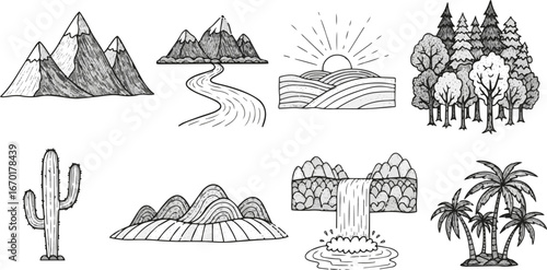 Isolated a Nature landscape doodle icon set. Cute hand drawn sketch illustrations of mountain, river, forest, sunset, cactus, hills, waterfall, palm art for outdoor scenery. vector art silhouette.