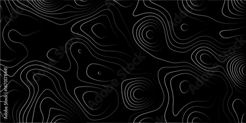 Abstract silver black background with Topographic line map pattern. abstract wavy and curved lines background. linear map. Dark seamless design. Bold tile able isolines pattern. Vector illustration.