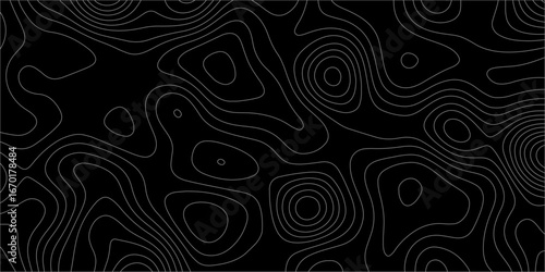 Abstract white on black background with Topographic line map pattern. abstract wavy and curved lines background. linear map. Dark seamless design. Bold tile able isolines pattern. Vector illustration.