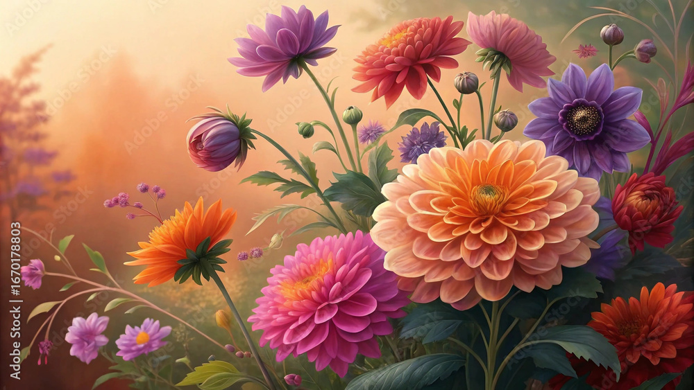 Fototapeta premium Vibrant bouquet of colorful dahlias and wildflowers in soft sunlight