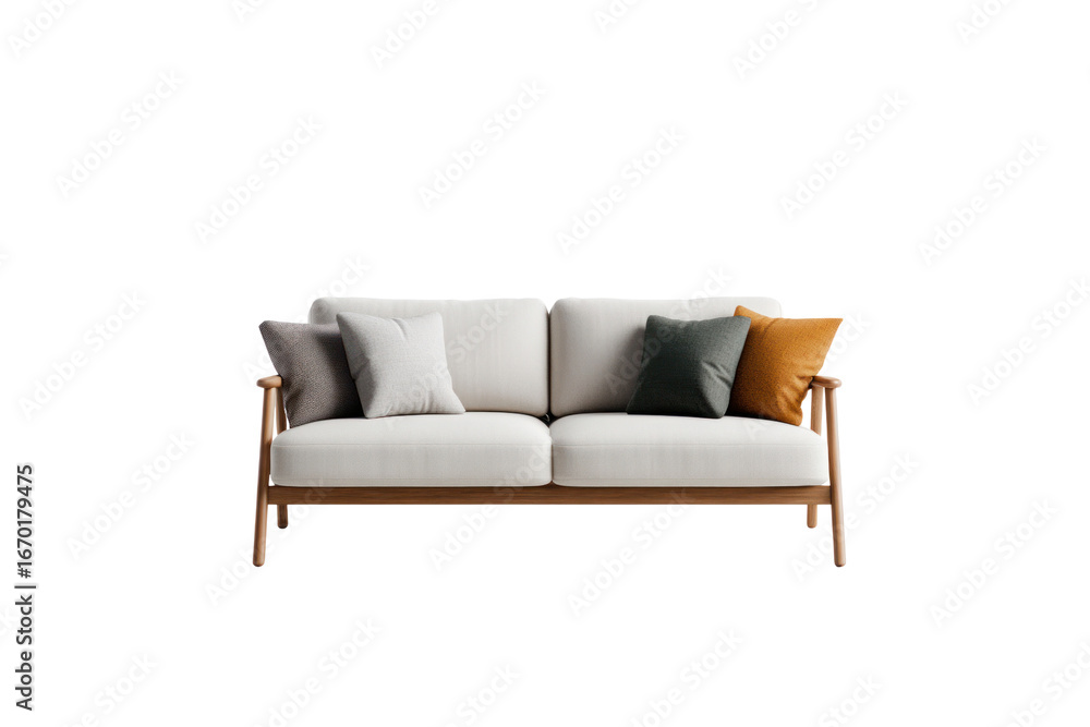 Fototapeta premium Modern Sofa with Pillows: A modern and minimalist sofa with light cushions, soft pillows arranged for comfort.