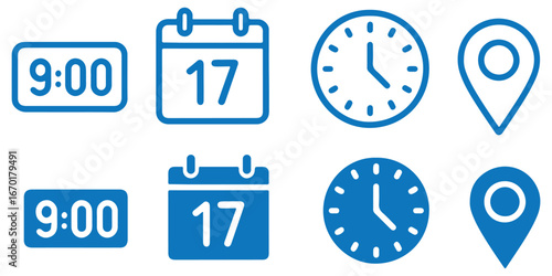 Address time date icons set. Address location icon. Clock icon. Calendar icon. Time, date and address icon set. Calendar, clock, location. Editable stroke. Vector illustration