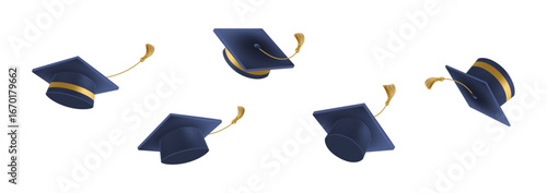 Graduates celebration. 3D Flying black graduate hat