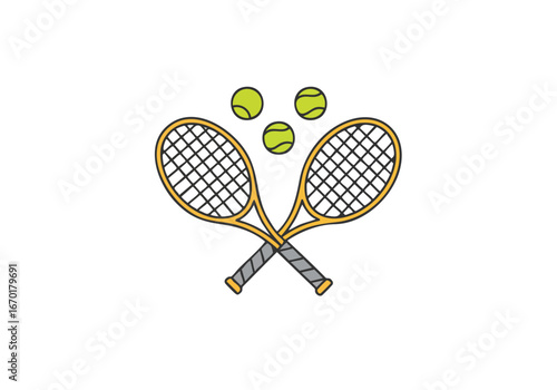 Illustration of two crossed tennis rackets with three tennis balls, representing the sport.