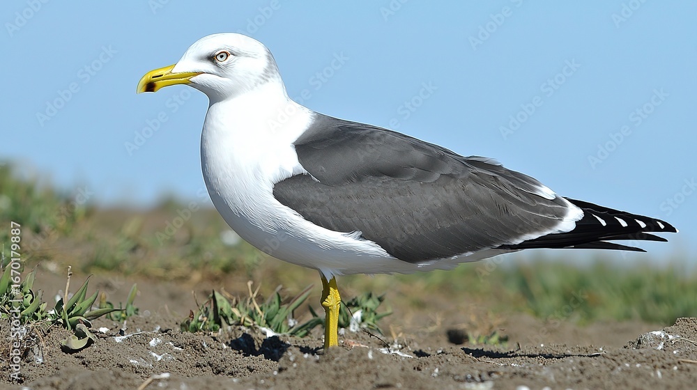 Fototapeta premium American Black-Footed Gull on Beach, Side Profile with White-Grey Feathers, Dark Body and Yellow Beak, Blurred Sand Dunes & Blue Sky, High Res 