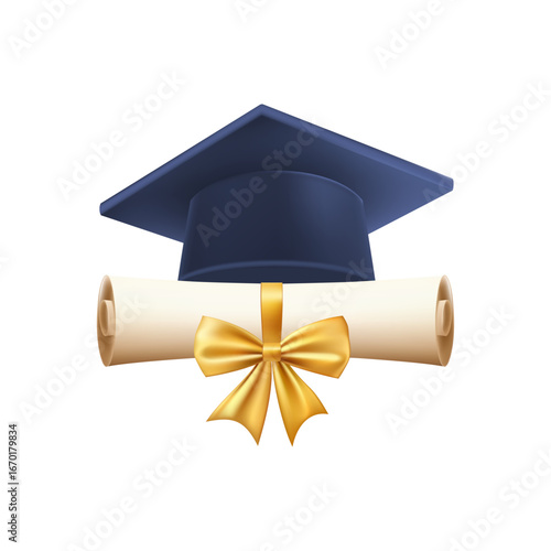 3d diploma scroll with graduate hat. Vintage roll paper