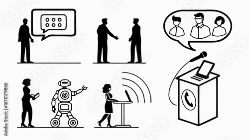 Business communication meeting teamwork technology presentation robot handshake digital communication modern office online conference virtual meeting remote work collaboration discussion dialogue con.