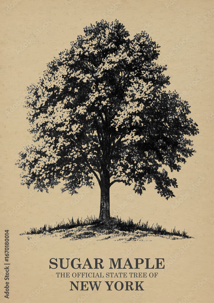 Fototapeta premium New York State Tree Sugar maple Wall art Poster, Illustration For Wall Hanging Home Decoration Vintage Wall Art, Us State Poster