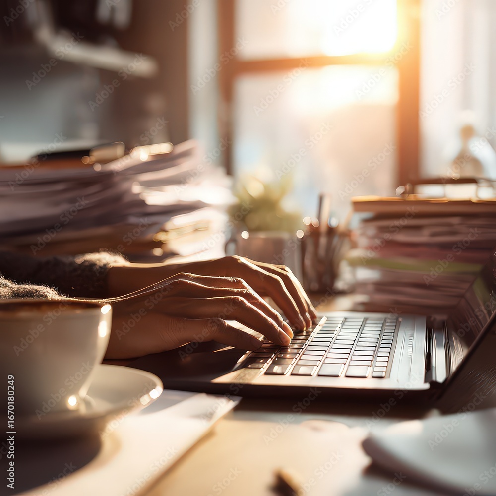 Naklejka premium Hands Typing On Laptop In Sunny Office