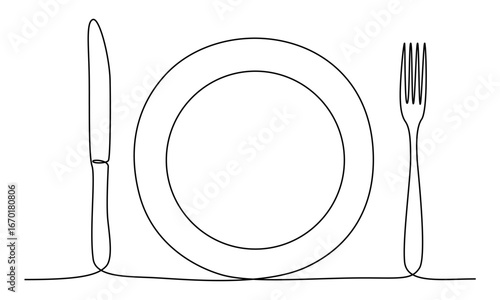 One continuous line drawing of food tools. Plate Fork and Knife for decoration restoran.Restaurant Icons Concept.