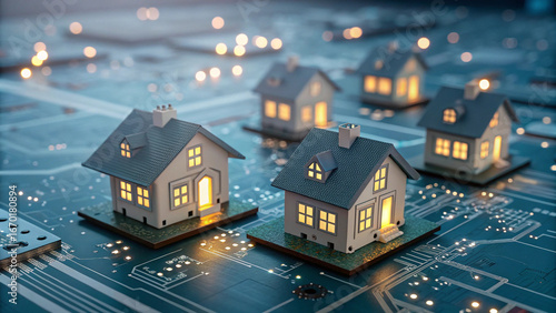 Smart homes on a digital circuit board representing real estate technology