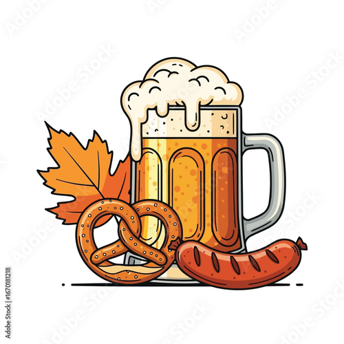 A festive illustration of a traditional Oktoberfest feast with a foamy beer stein, a warm pretzel, and a grilled sausage