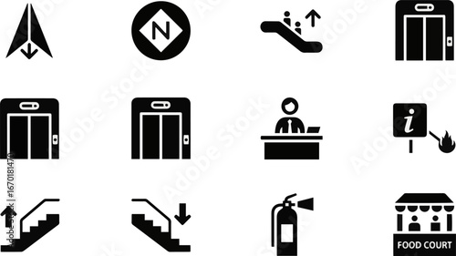 Isolated a Public space wayfinding glyph icon set. Vector pictograms of navigation, emergency, escalator, elevator, stairs, info desk, extinguisher, food court, vector art silhouette .