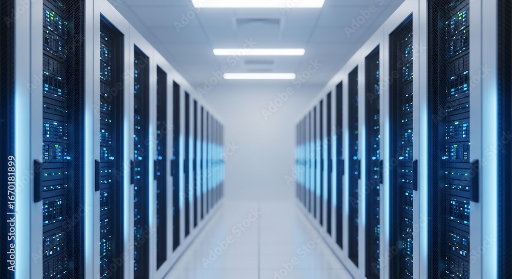 Naklejka premium Servers stand in long row inside data center showing high technology and connectivity for global network communication and data storage, representing modern infrastructure.