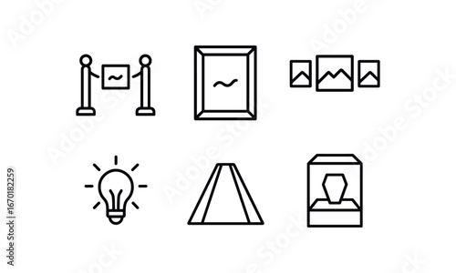 simple outline stroke icon isolated on white background: exhibition art frame gallery lamp glow floor path display case