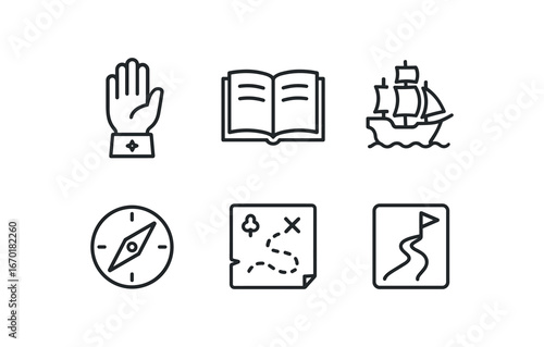 simple outline stroke icon isolated on white background: noble endeavor book page sail ship compass guide quest map journey road