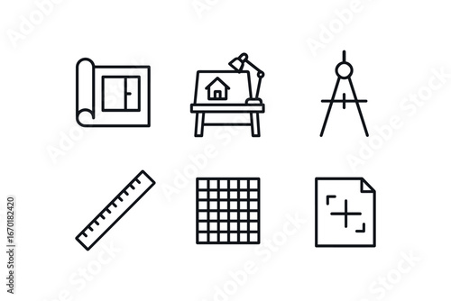 simple outline stroke icon isolated on white background: blueprint roll architect desk draft tool ruler edge paper grid design sheet