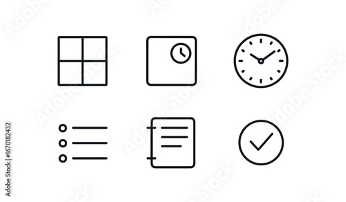 simple outline stroke icon isolated on white background: schedule grid time slot clock face task line agenda page duty mark