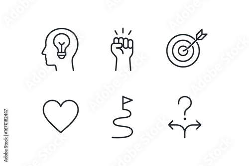 simple outline stroke icon isolated on white background: clear intention will power goal arrow heart sign dream path decision mark