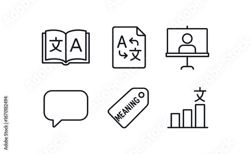 simple outline stroke icon isolated on white background: interpretation book translation note lecture board voice bubble meaning tag symbol chart