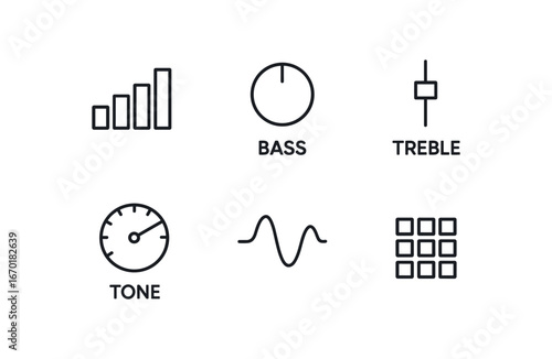 simple outline stroke icon isolated on white background: audio equalizer bass knob treble bar tone dial frequency line sound grid