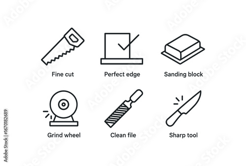 simple outline stroke icon isolated on white background: fine cut perfect edge sanding grind wheel clean file sharp tool