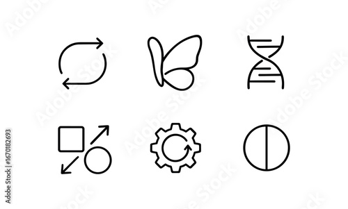 simple outline stroke icon isolated on white background: transformation arrow butterfly wing dna helix shape shift gear turn phase ring