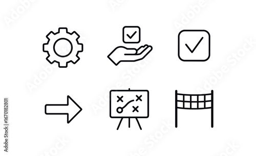 simple outline stroke icon isolated on white background: execution gear task hand checklist mark action arrow plan board finish line