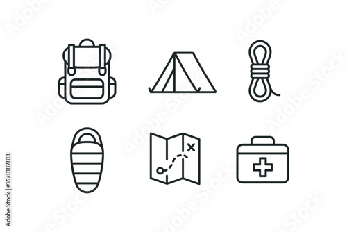 simple outline stroke icon isolated on white background: travel backpack camping tent gear rope sleeping bag trail map supply kit